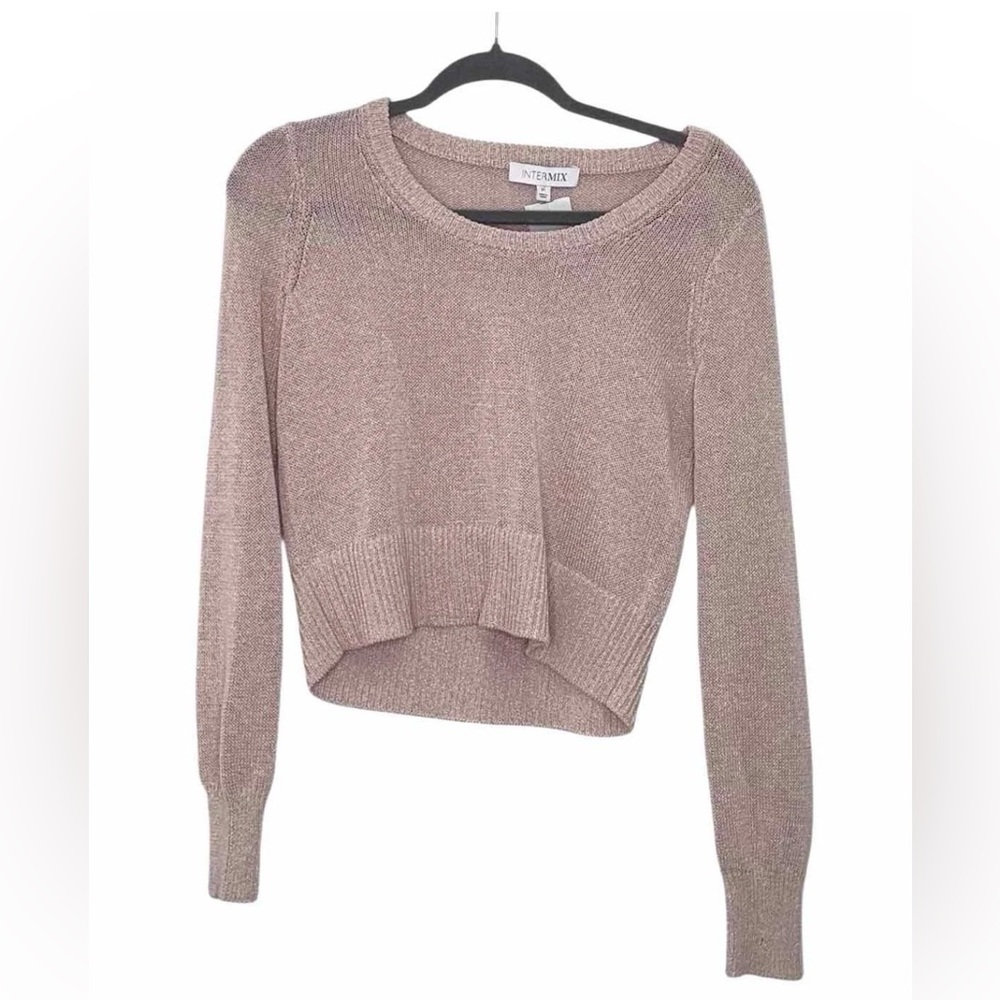 INTERMIX Slightly Cropped Shimmering Pink Crew Neck Sweater P/S
